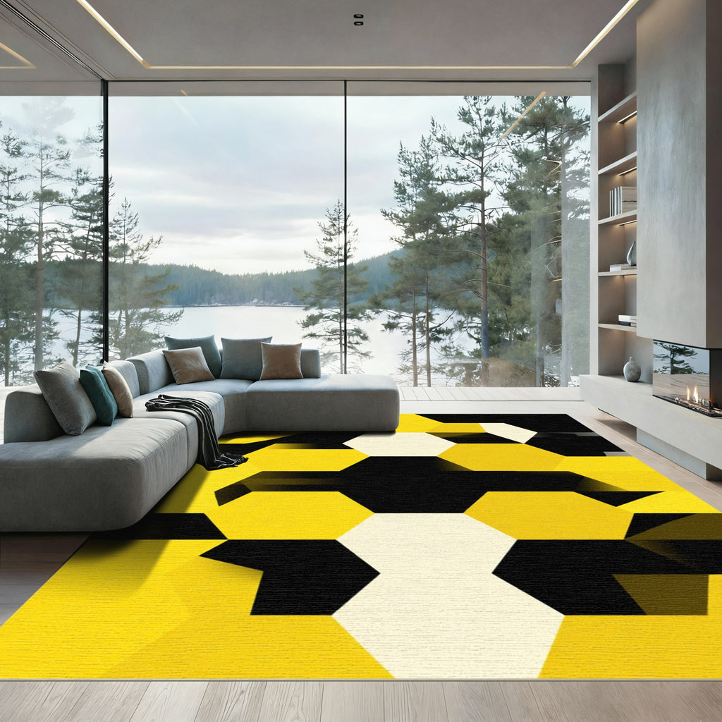 Yellow Black Hexagon Geometry Rug