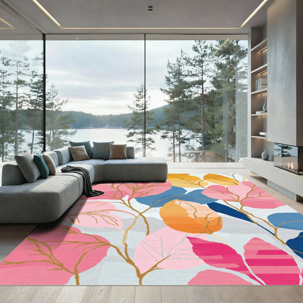 Vibrant Pink Blue Gold Leafy Canopy Rug