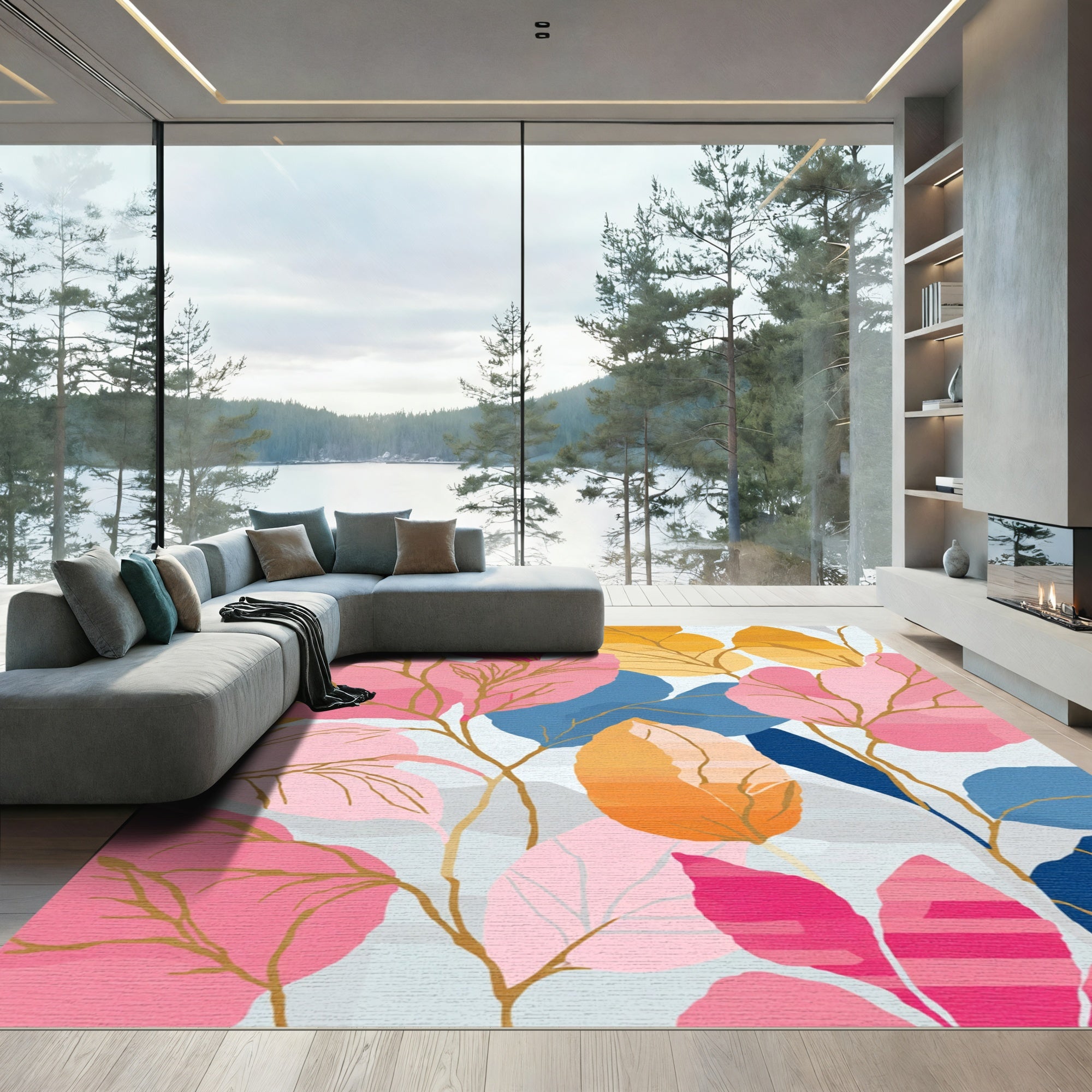 Vibrant Pink Blue Gold Leafy Canopy Rug
