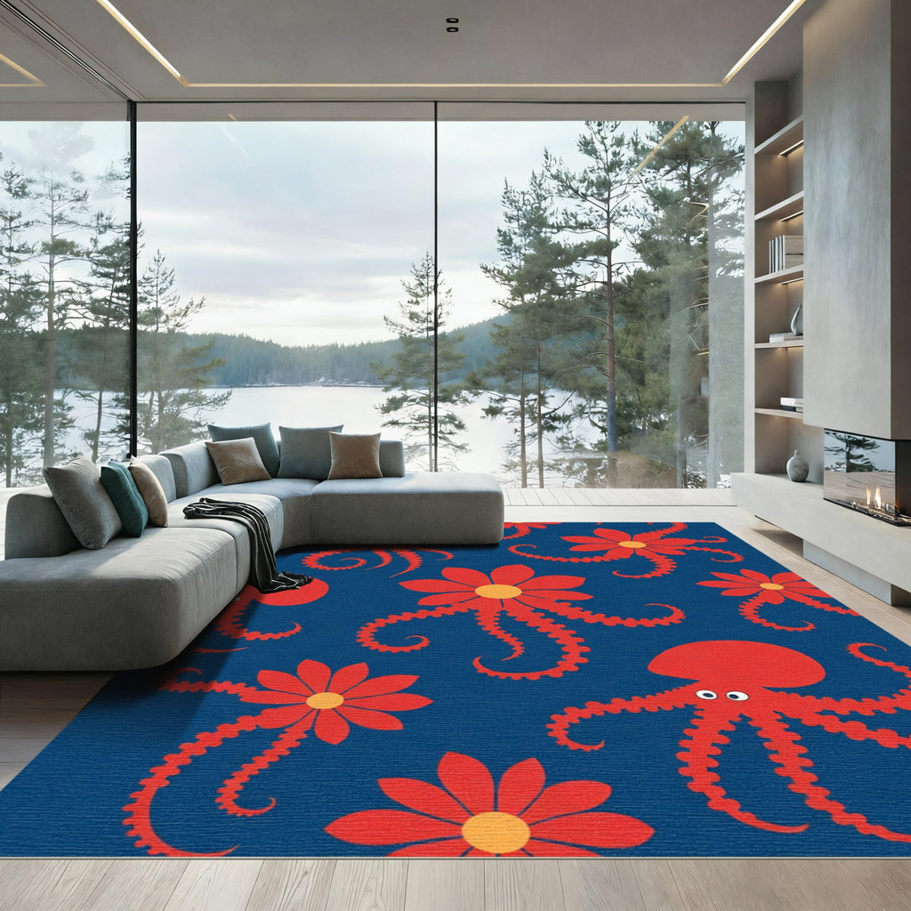 Red Octopus Floral Marine Accent Rug
