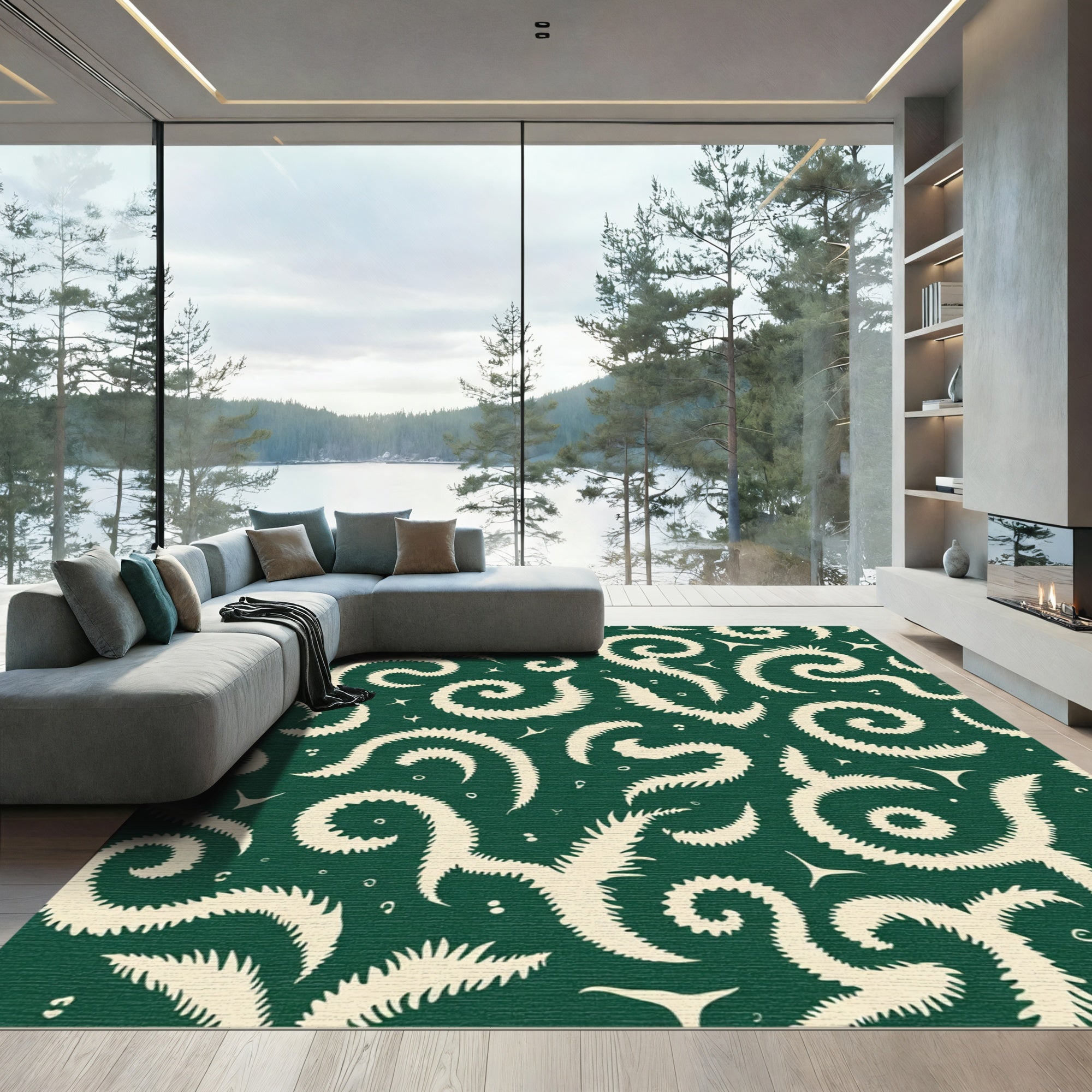 Cream Fern Scrollwork Emerald Green Rug