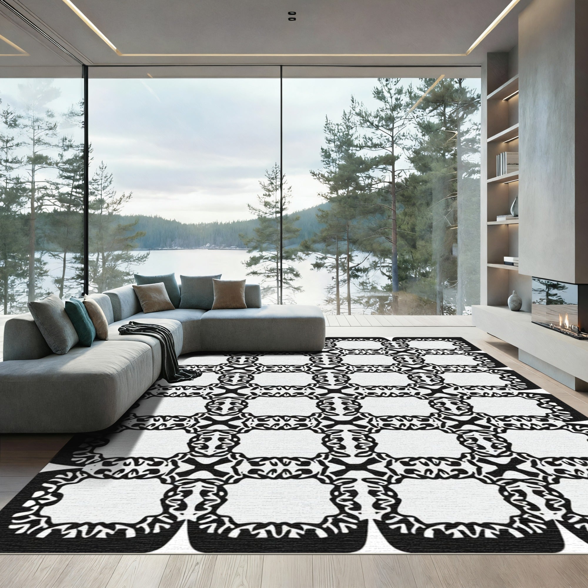 Black White Interlocking Scrollwork Rug