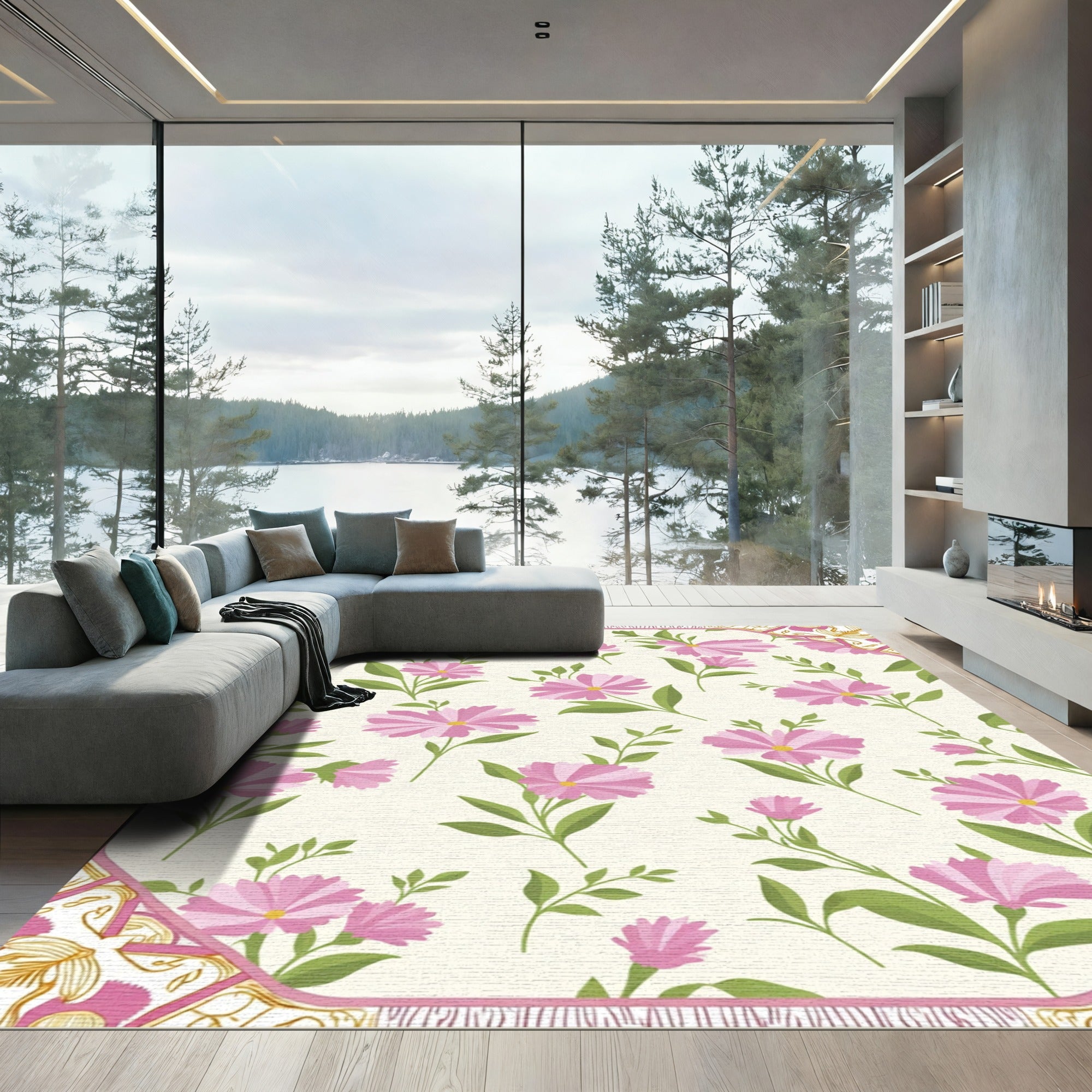 Pink Daisy Garden Floral Cream Rug