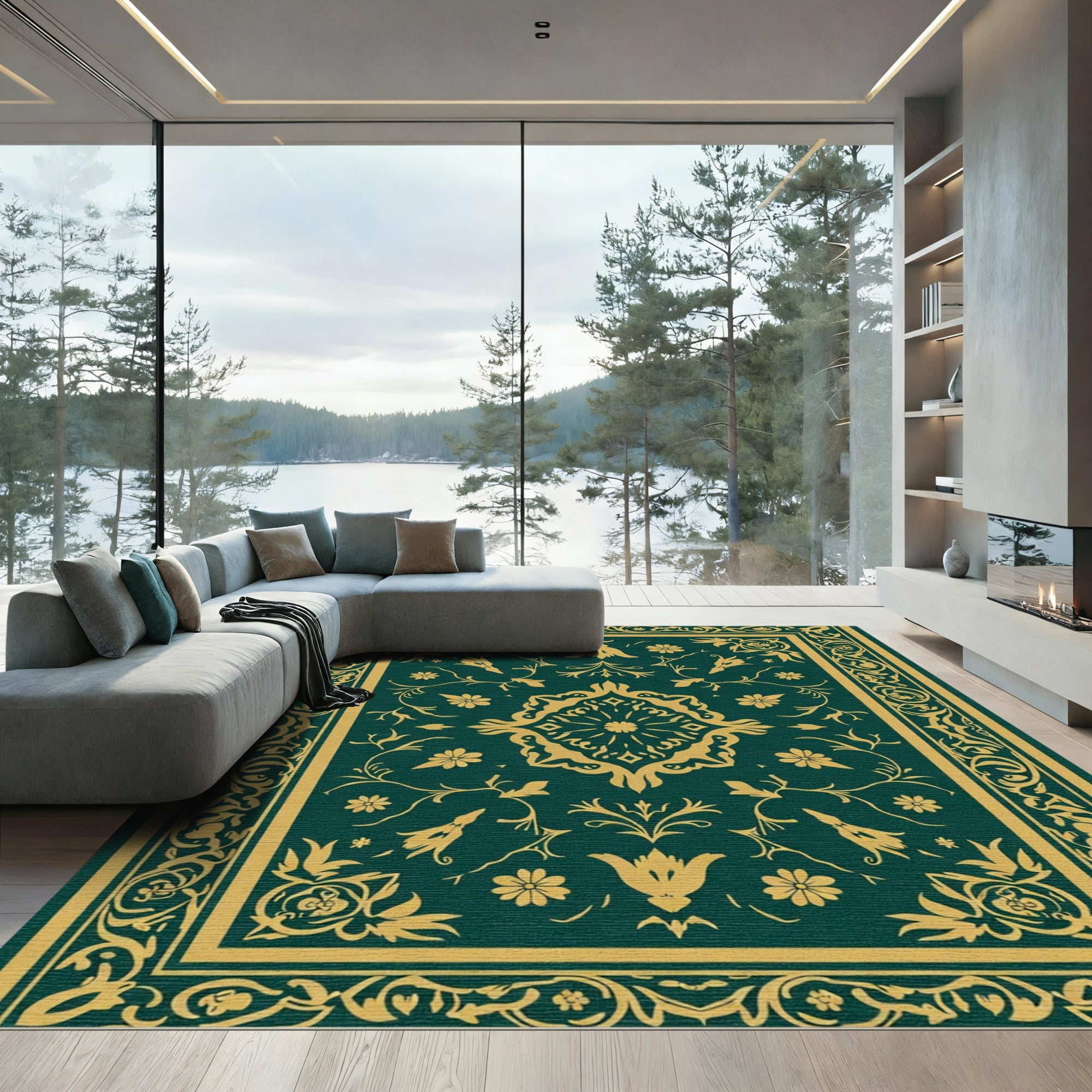 Emerald Gold Floral Medallion Border Rug