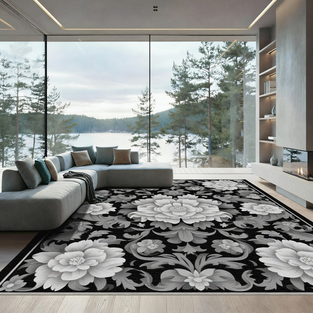 Ornate Gray Floral Arrangement Rug