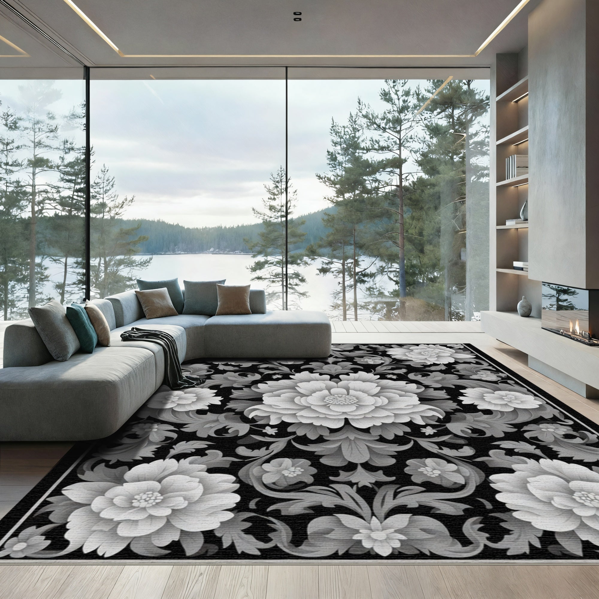 Ornate Gray Floral Arrangement Rug
