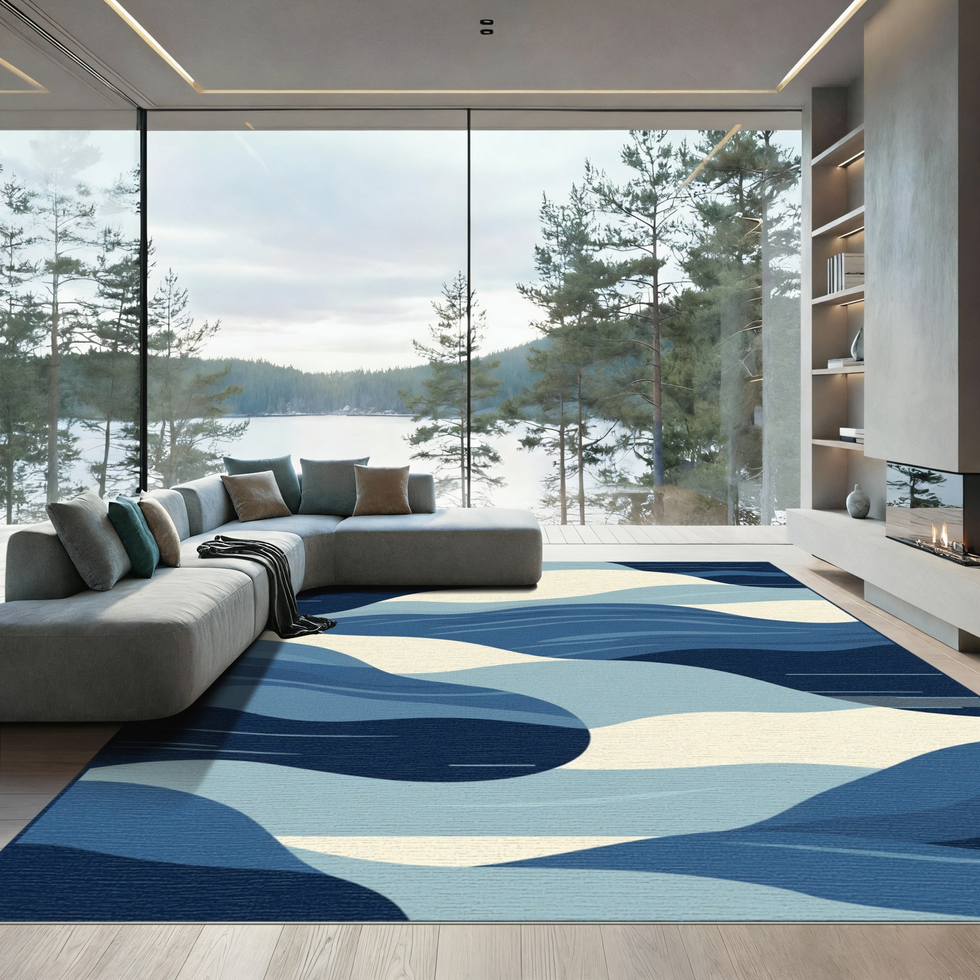 Modern Blue Wave Abstract Rug