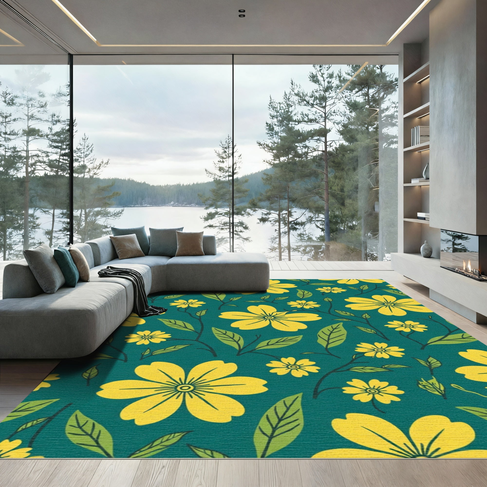 Yellow Floral Branches Teal Background Rug