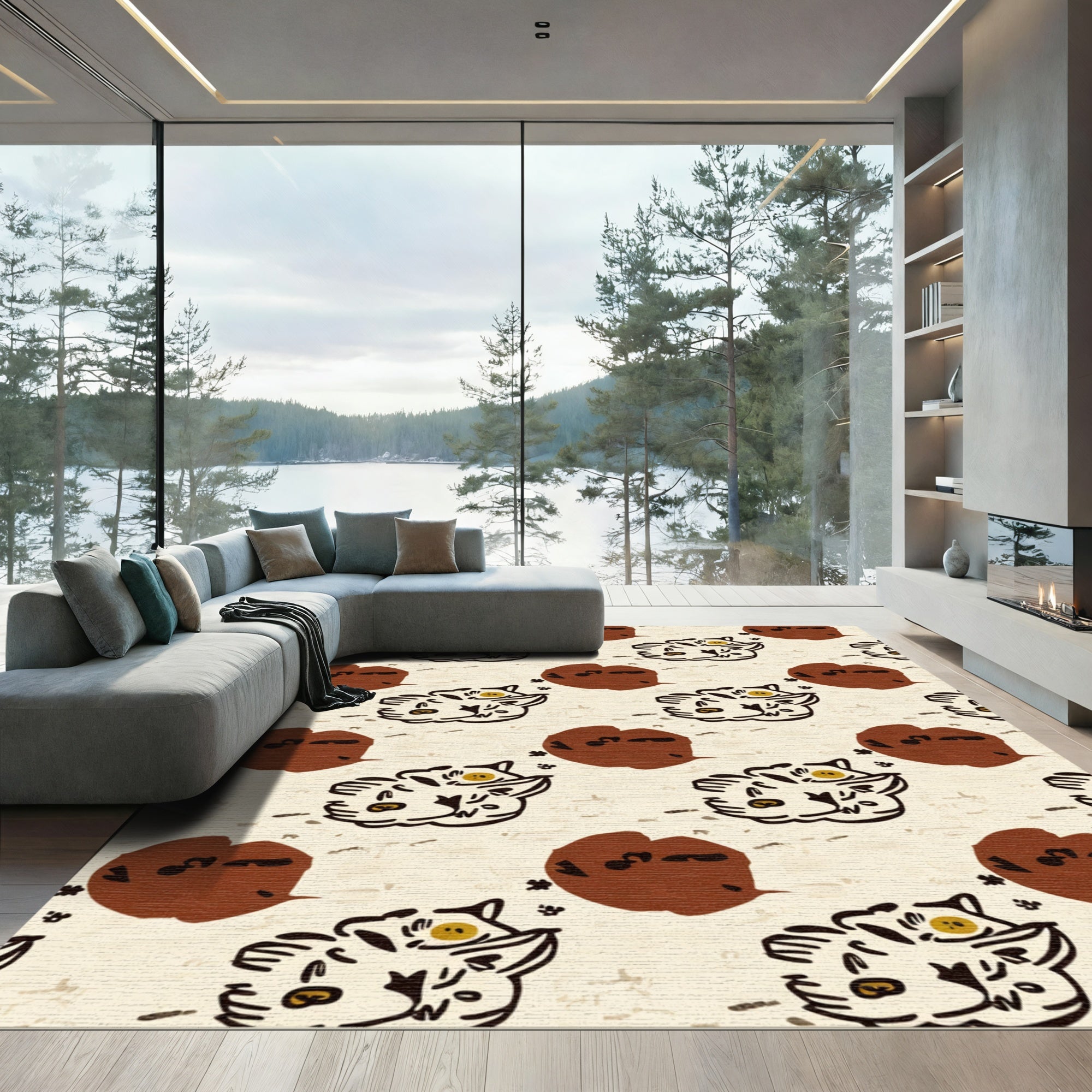 Whimsical Cat Face Brown Splatter Rug
