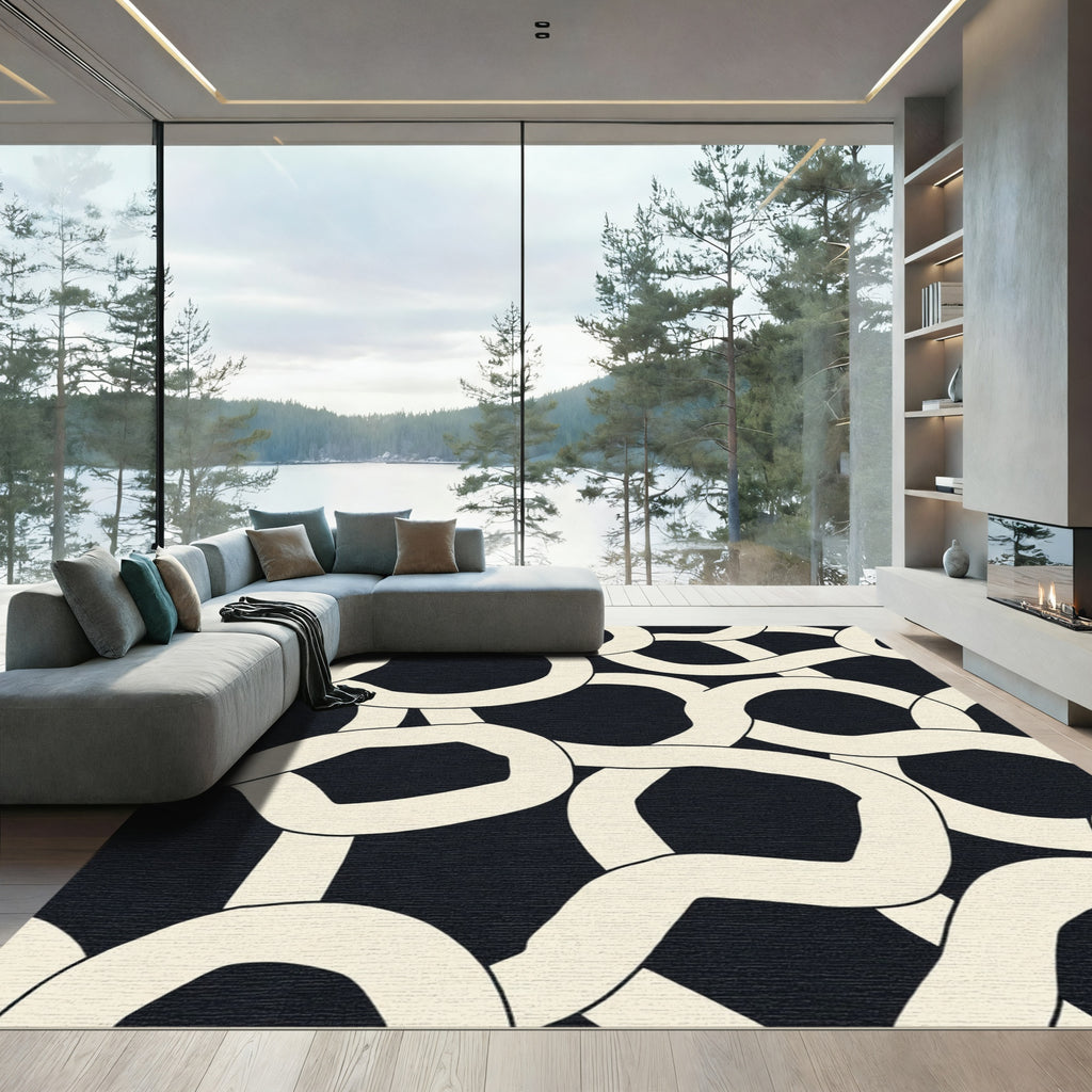 Bold Black Cream Interlocking Curves Rug