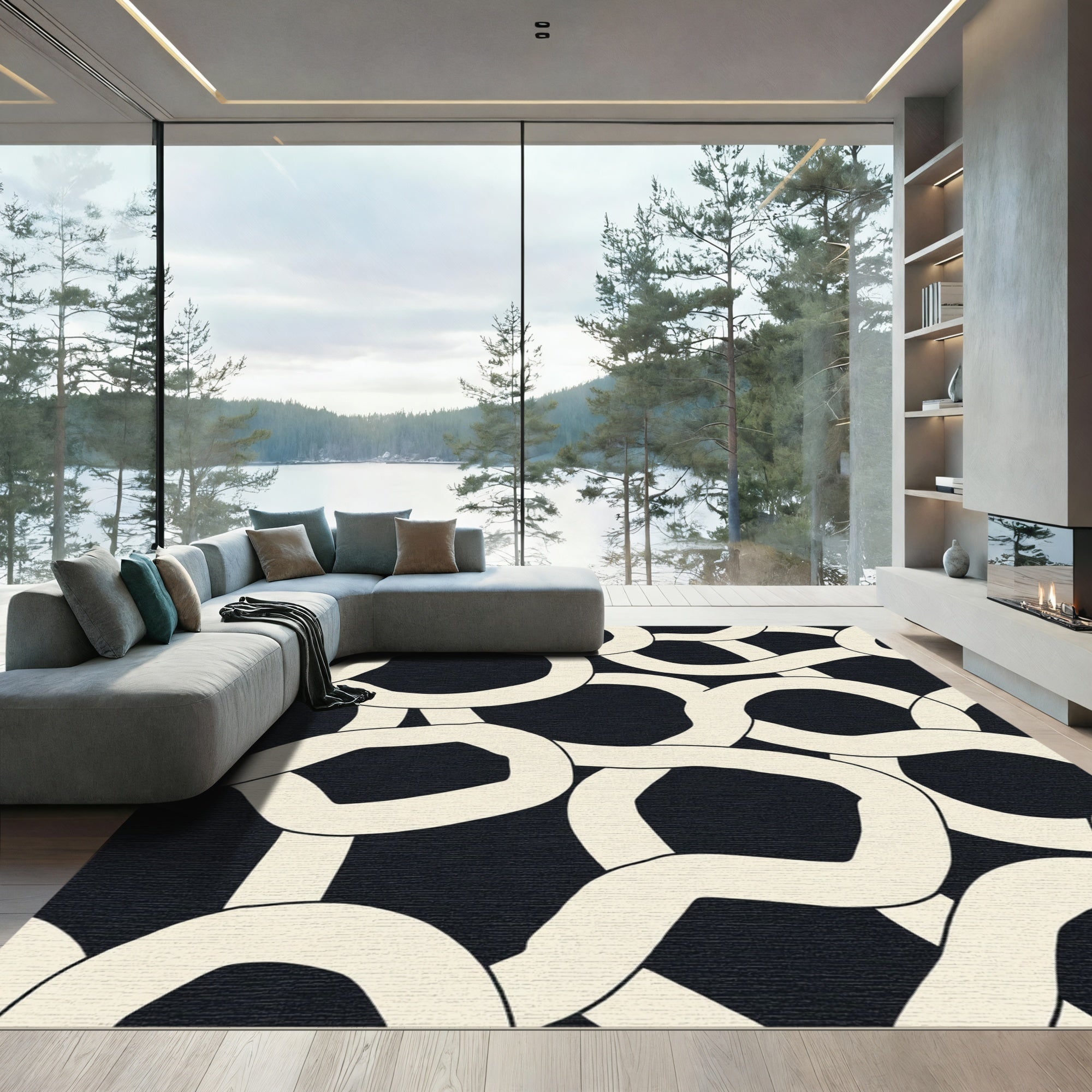Bold Black Cream Interlocking Curves Rug
