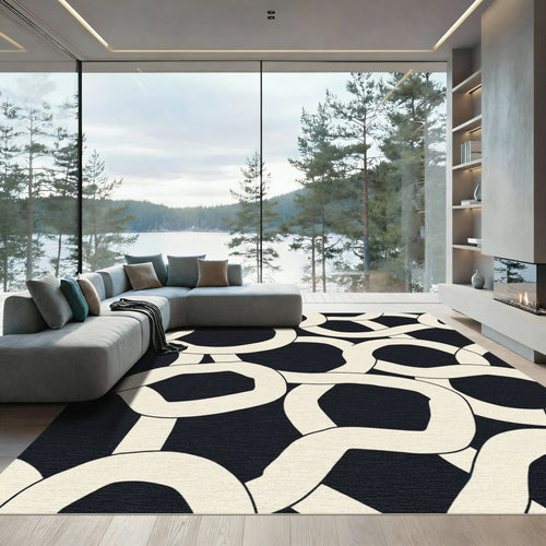Bold Black Cream Interlocking Curves Rug