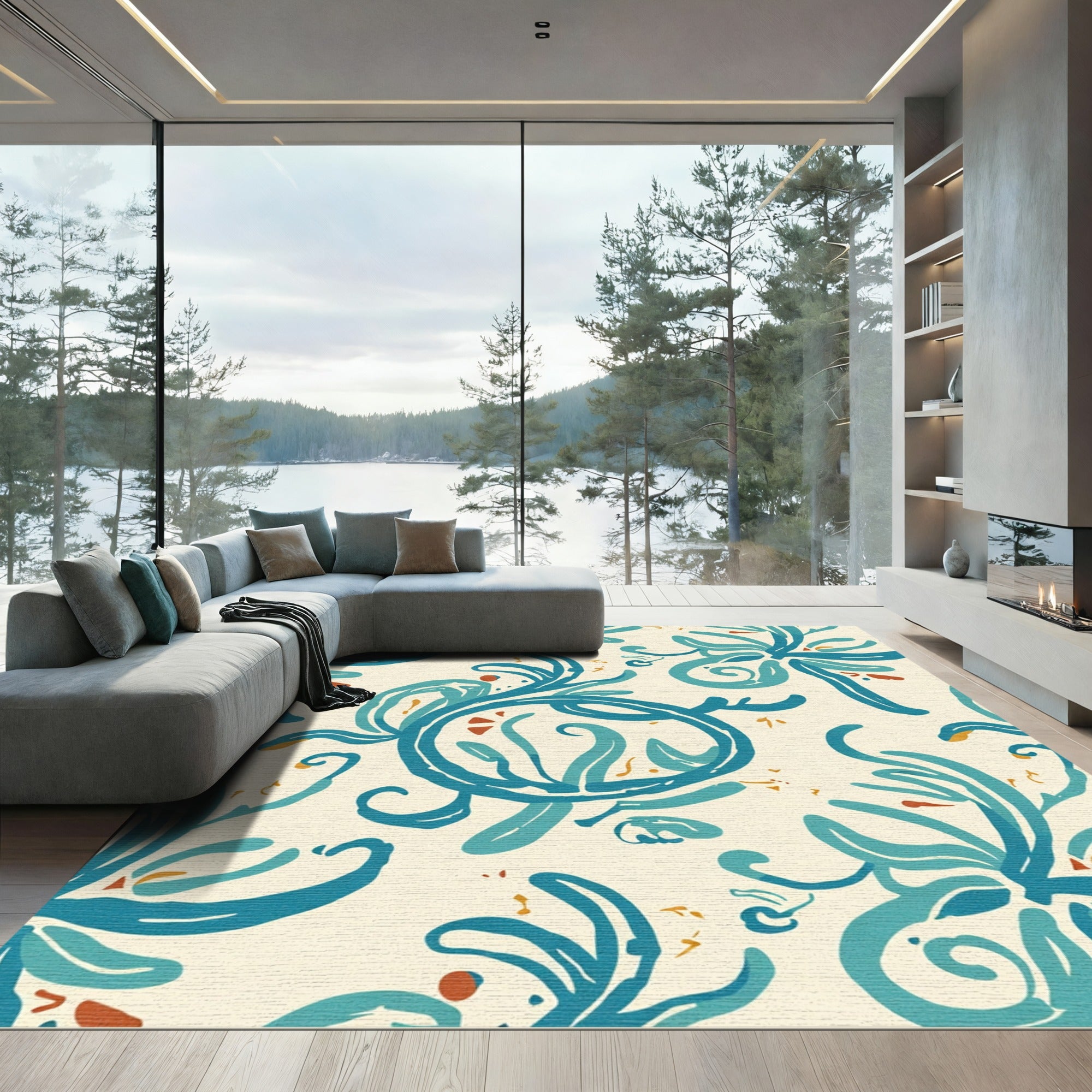 Teal Swirl Floral Botanical Medallion Rug