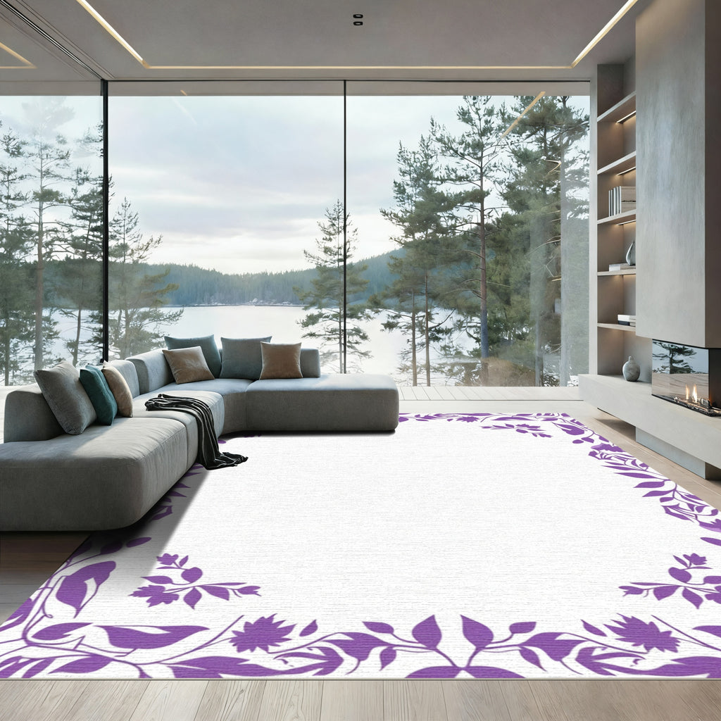 Vibrant Purple Botanical Vine Border Rug