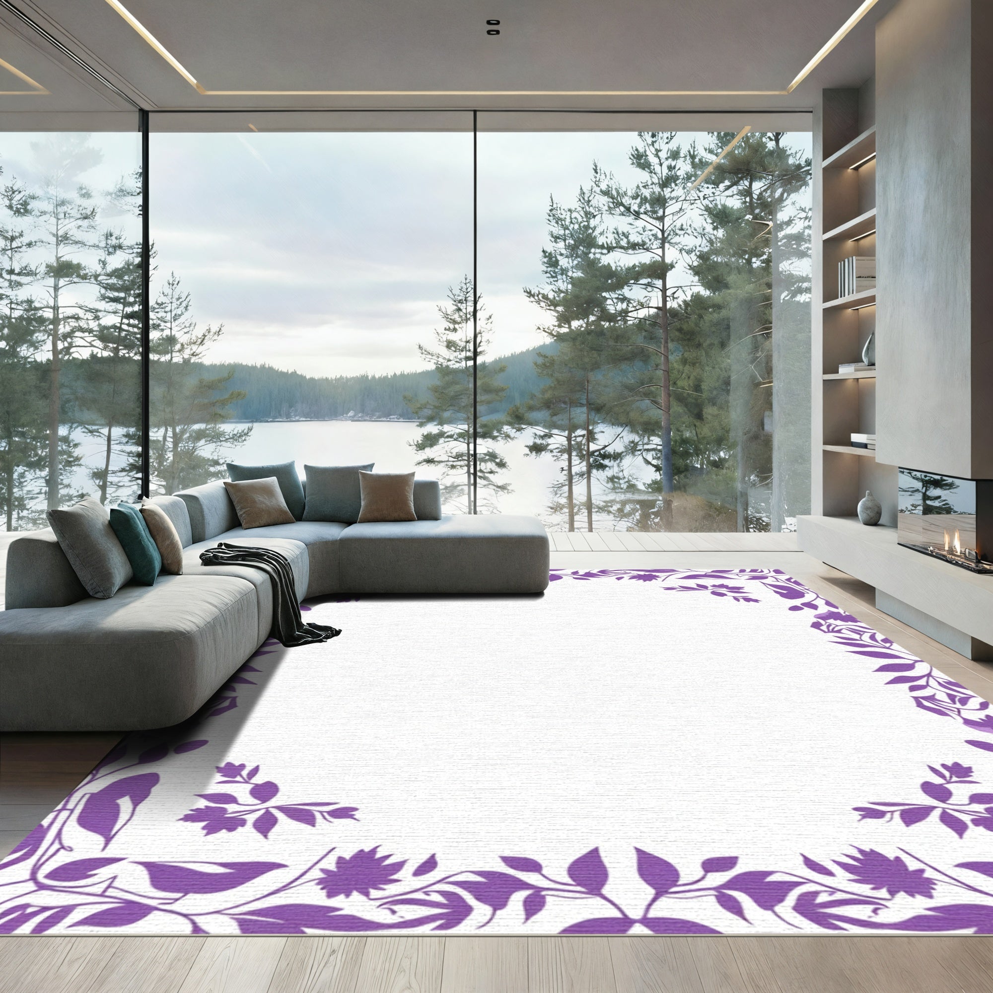 Vibrant Purple Botanical Vine Border Rug