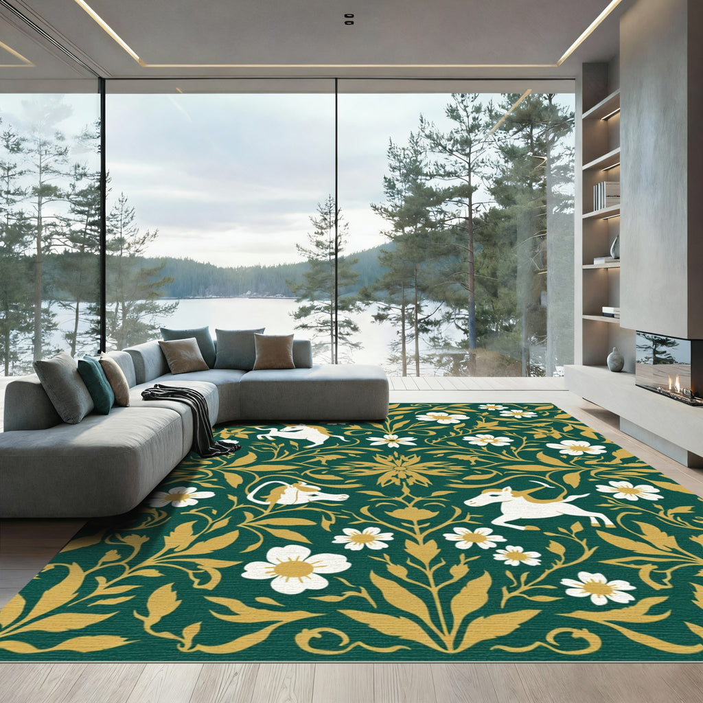 Enchanted Green Unicorn Floral Embrace Rug