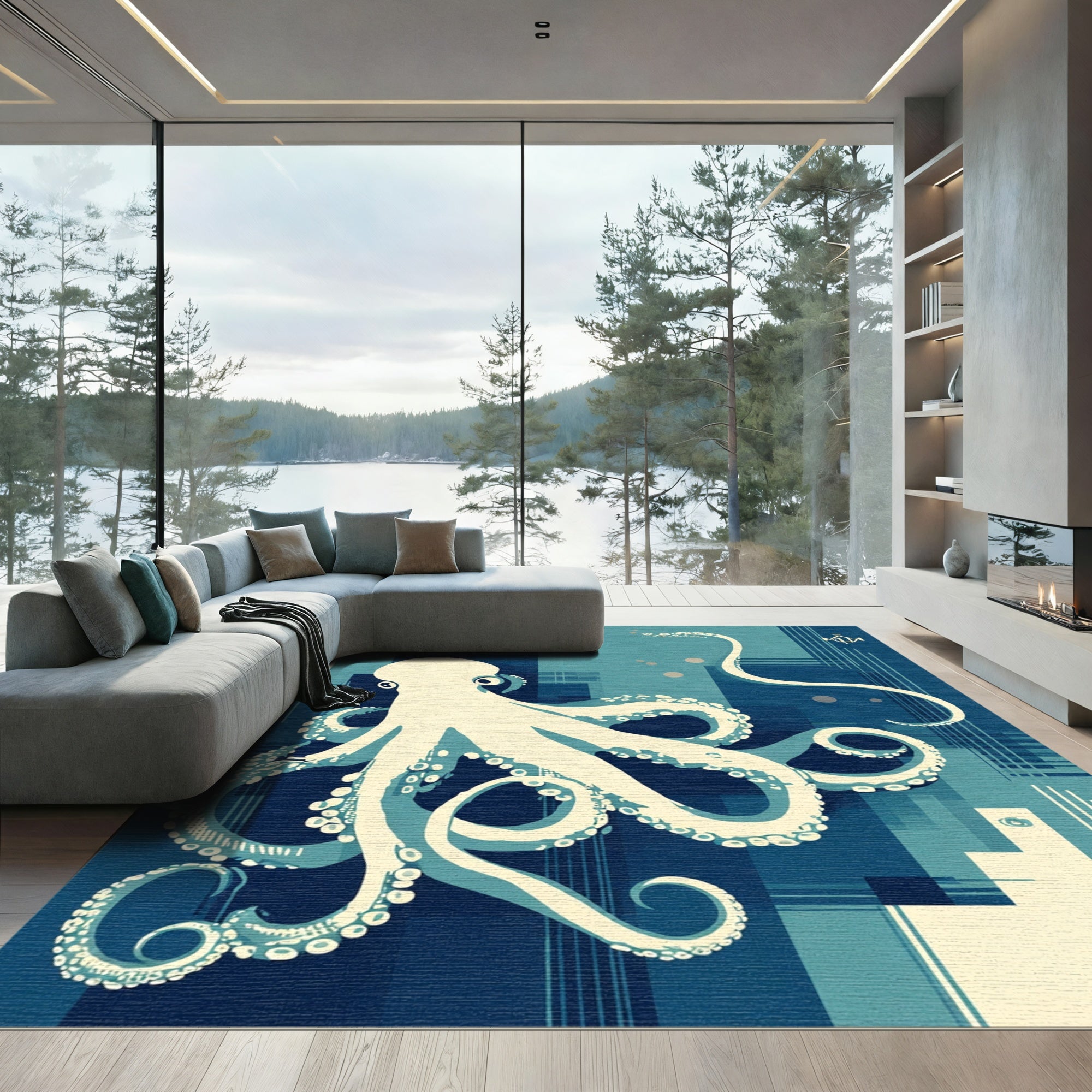 Navy Blue Abstract Octopus Geometric Rug