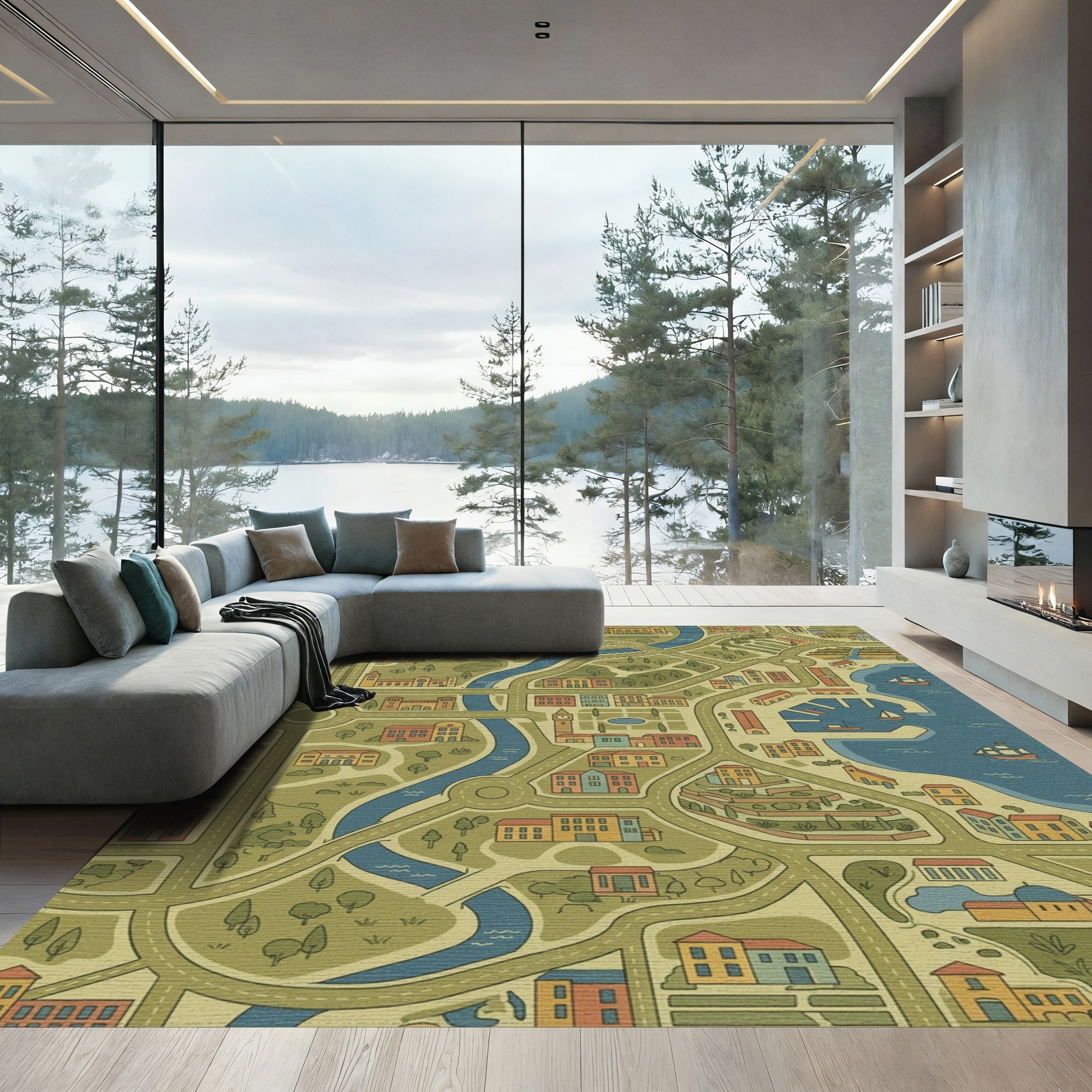 Whimsical Cityscape Map Buildings Rug