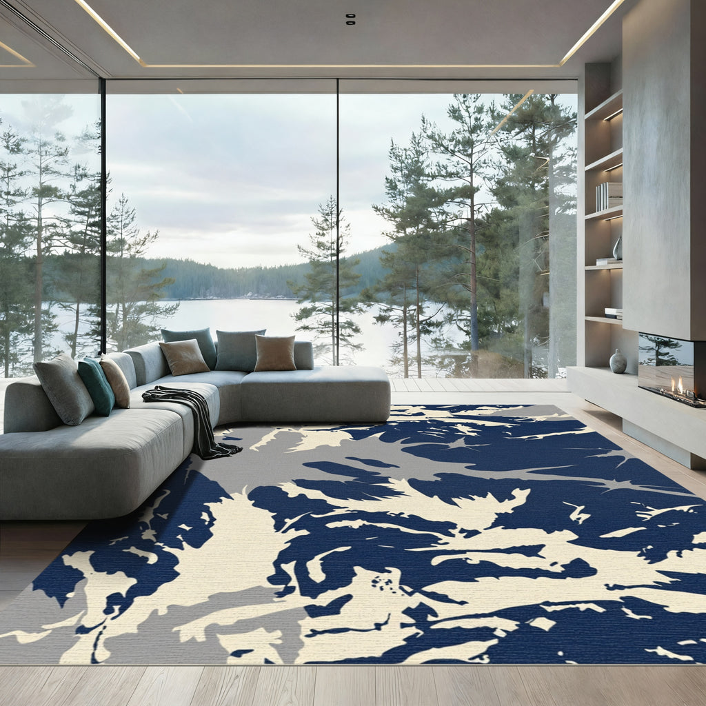 Deep Navy Cream Abstract Spatter Rug