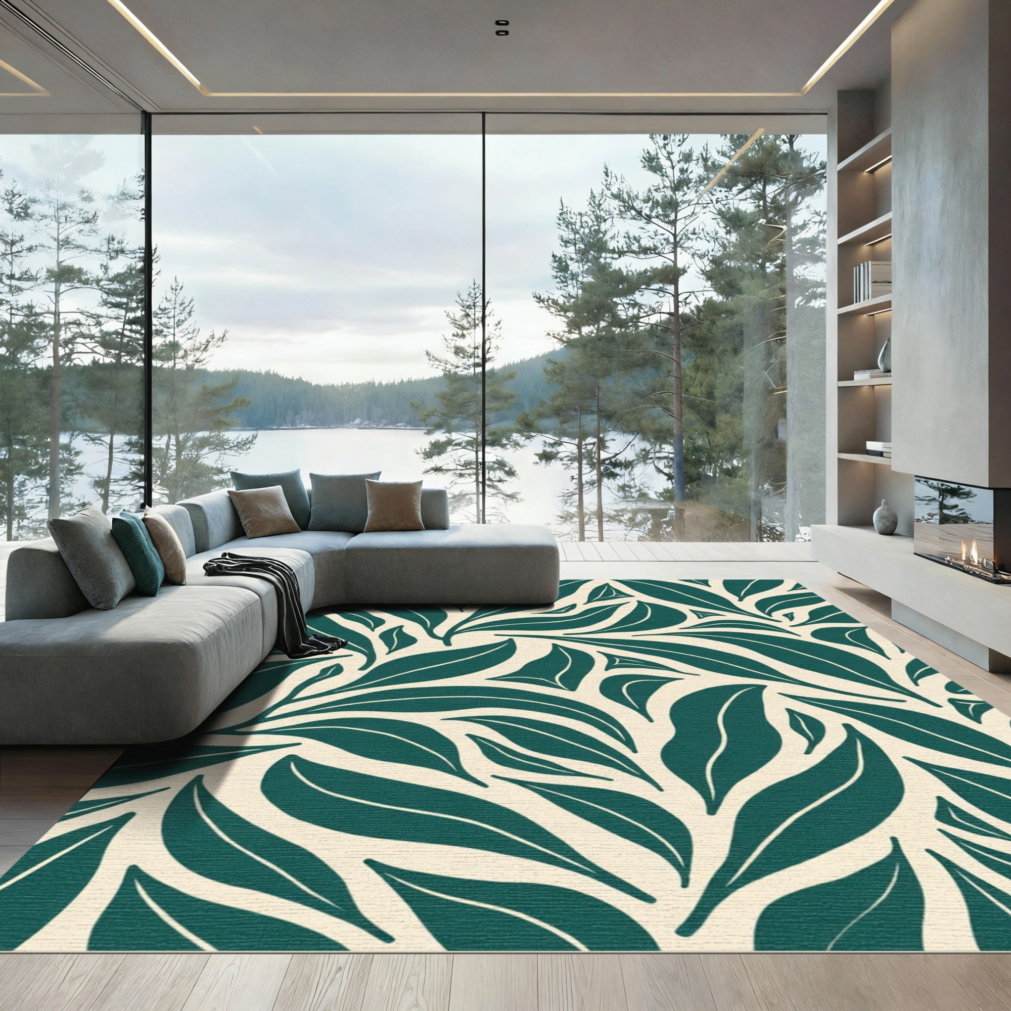 Deep Teal Botanical Leaf Swirl Rug