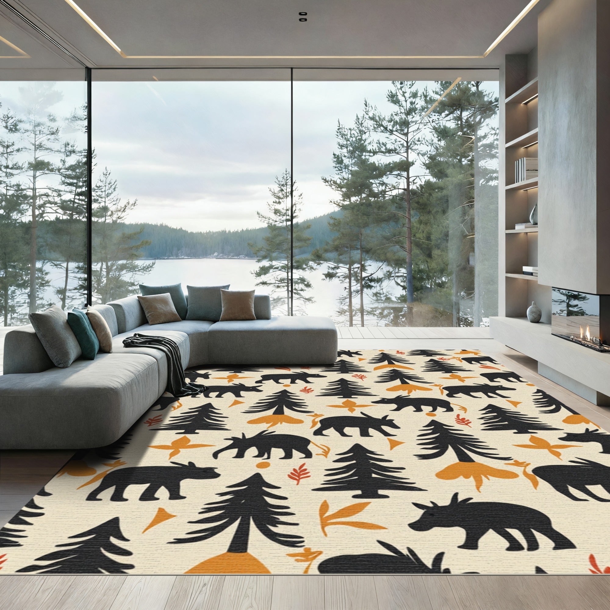 Black Wildlife Trees Autumn Palette Rug