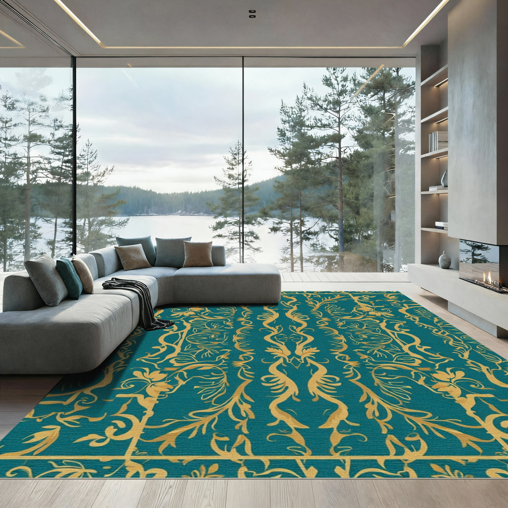 Golden Teal Floral Damask Rug