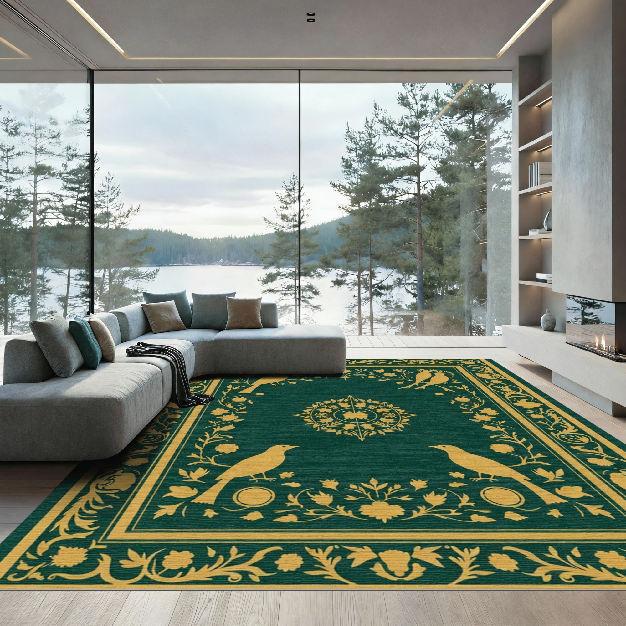 Emerald Golden Bird Floral Medallion Rug