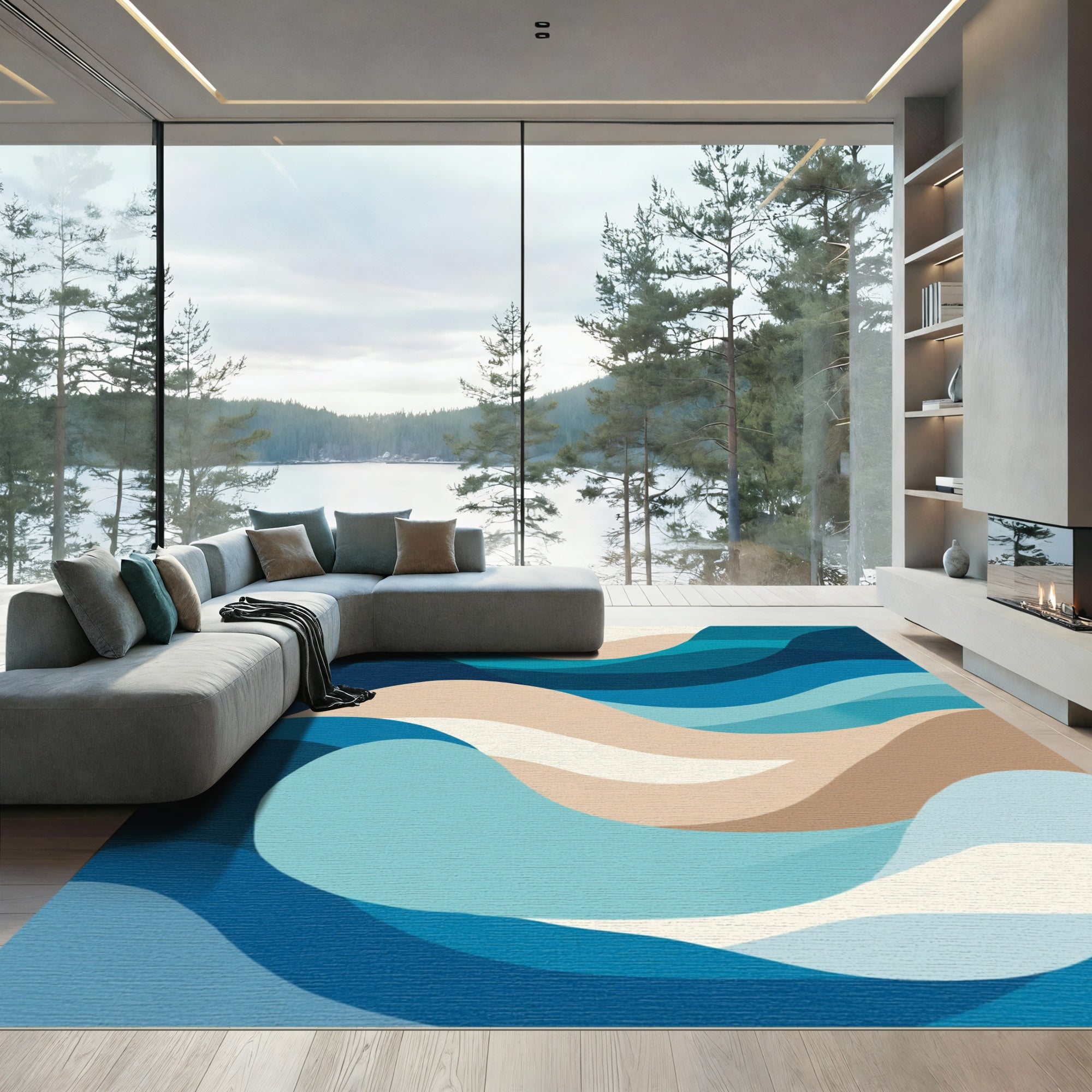 Deep Blue Abstract Gentle Waves Rug