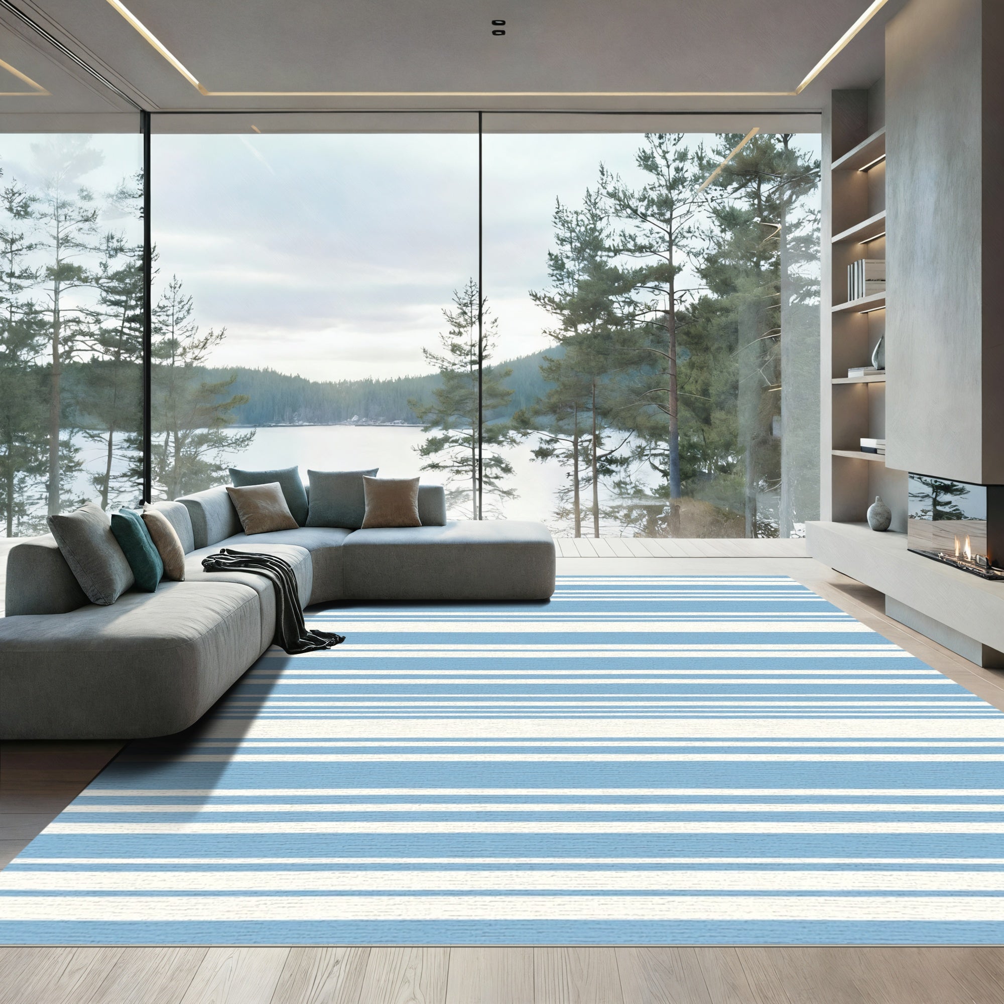 Soft Blue Stripe Contemporary Rug