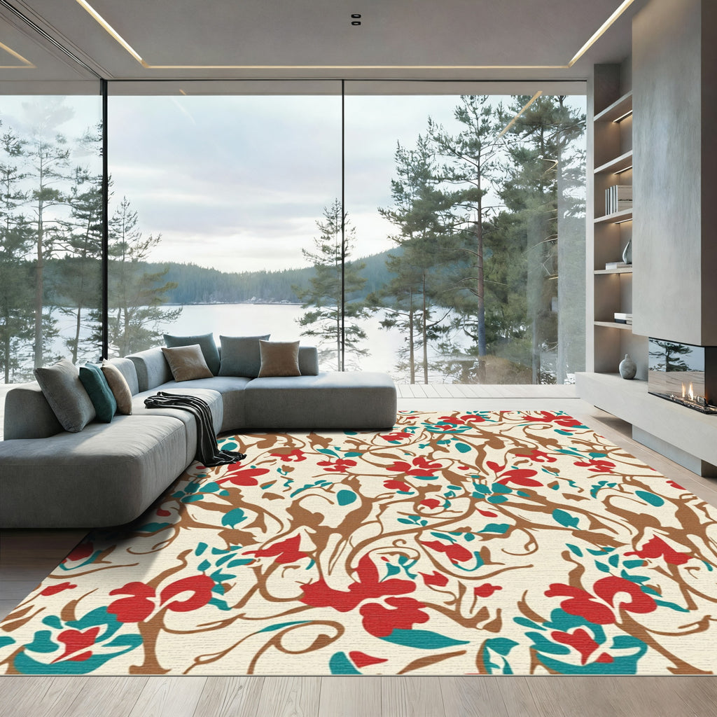 Red Teal Brown Floral Vine Swirls Rug