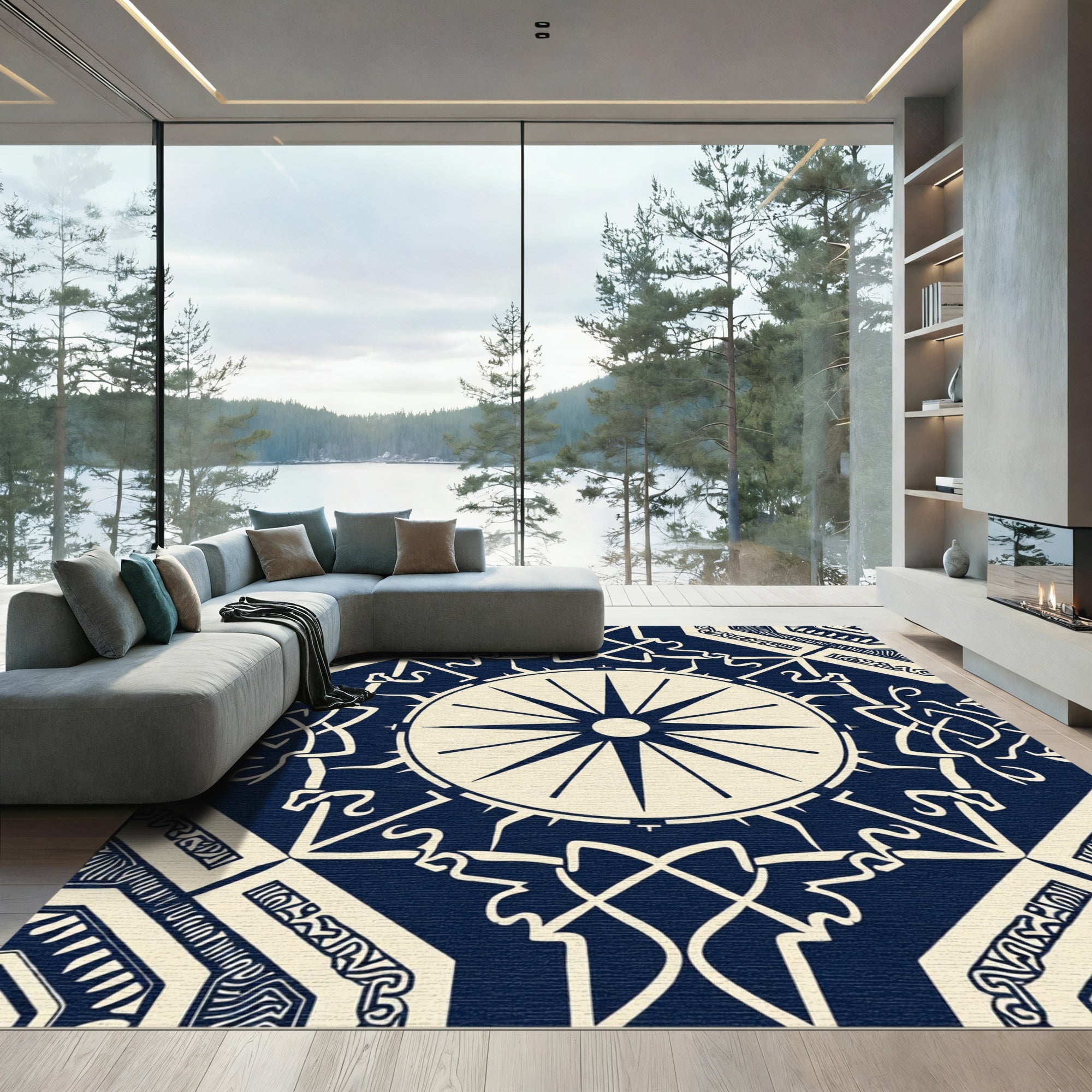 Navy Cream Medallion Geometric Rug