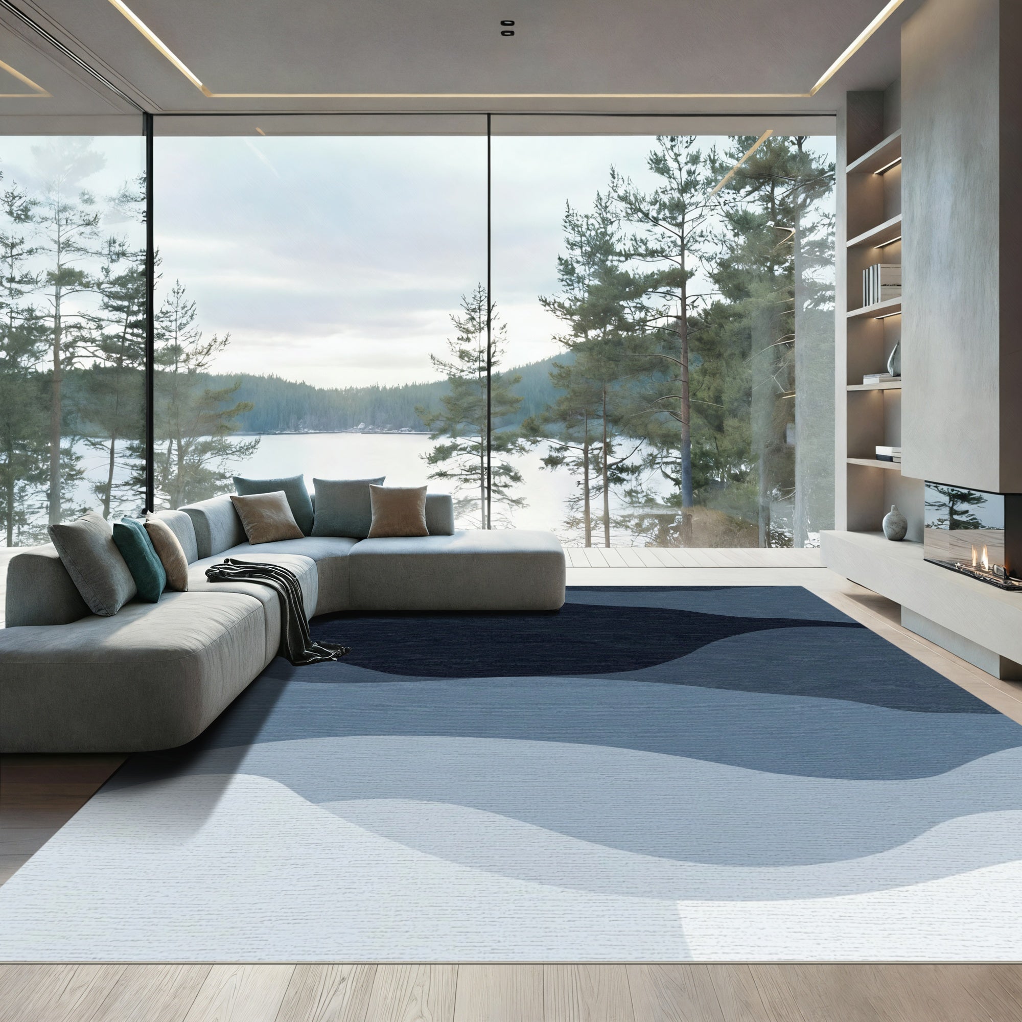 Deep Blue Wave Layered Abstract Rug