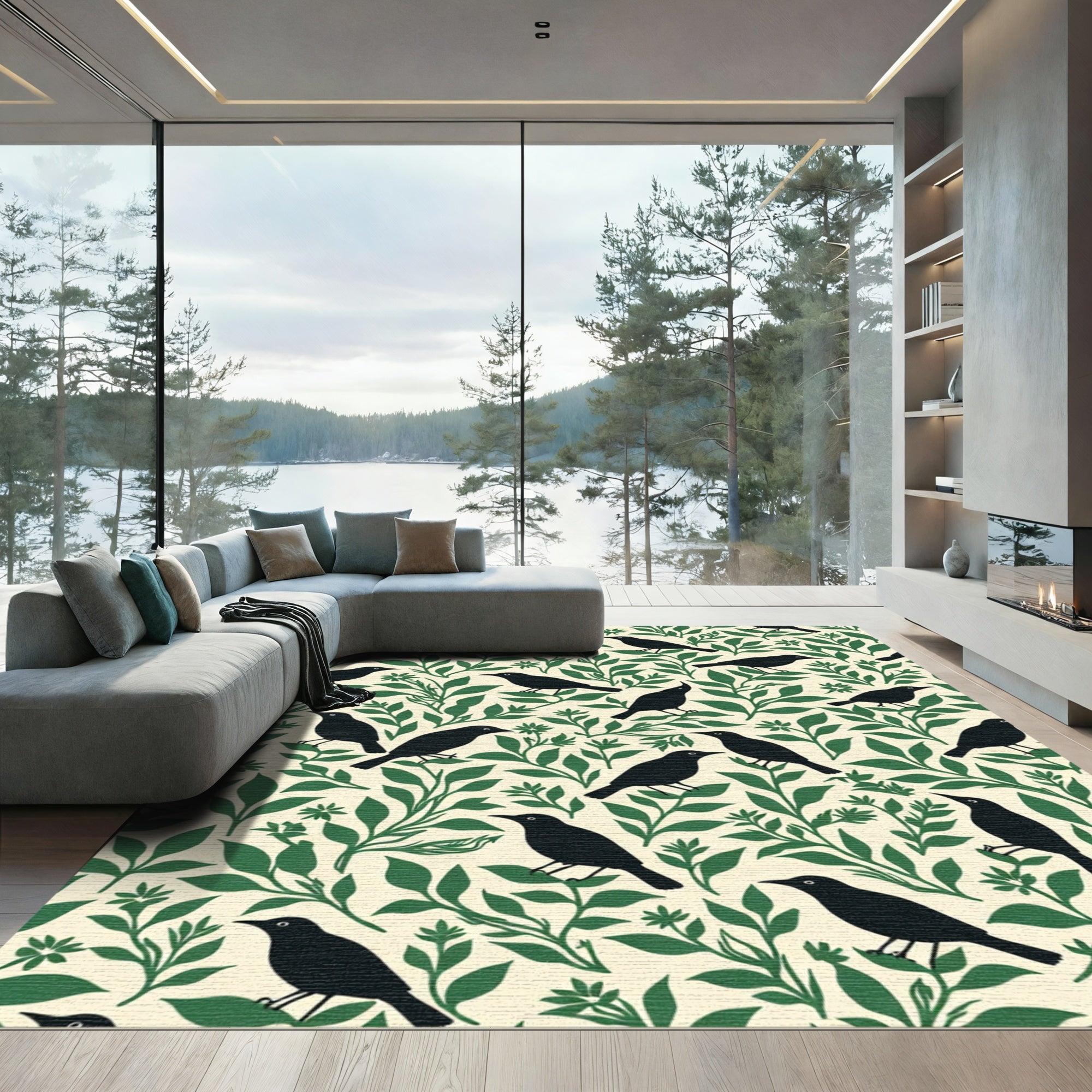 Black Birds Green Foliage Cream Background Rug