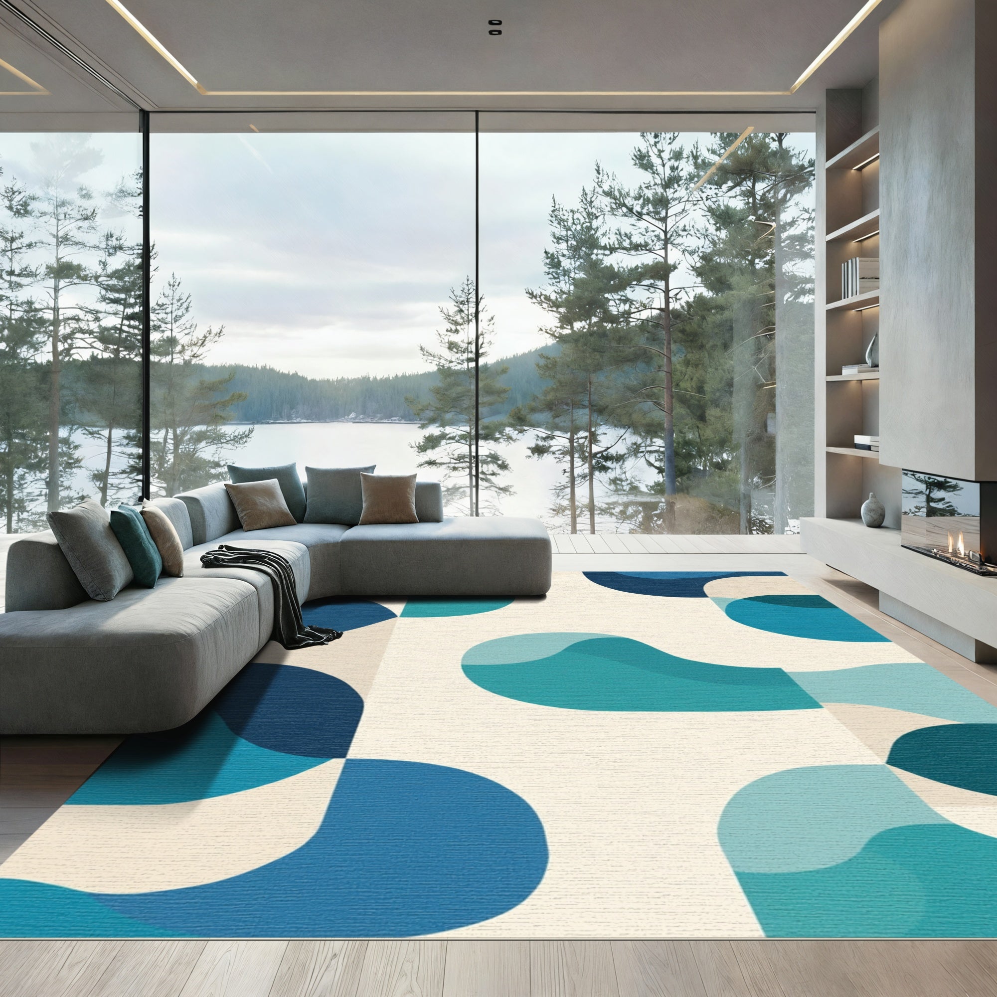 Mid Century Modern Blue Wave Abstract Rug