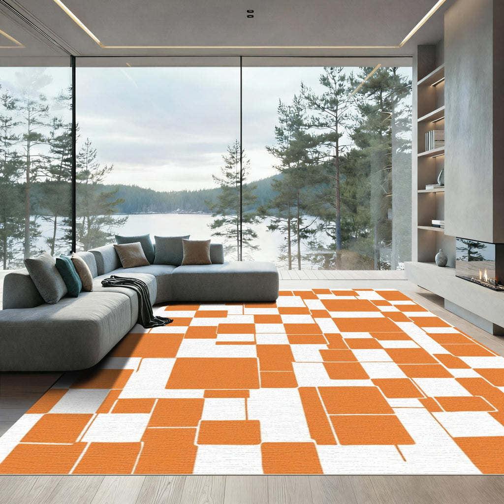 Orange White Geometric Composition Rug
