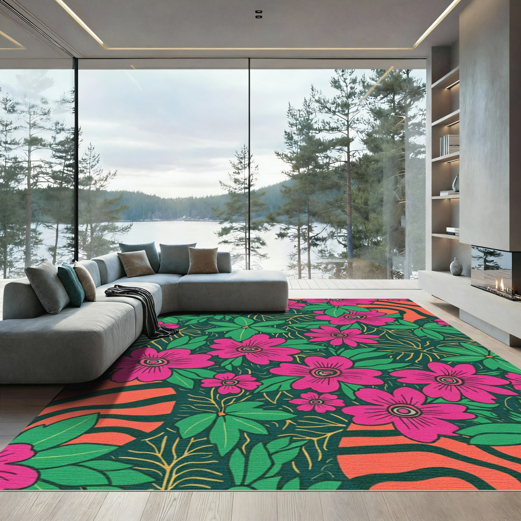Vibrant Pink Floral Green Foliage Rug