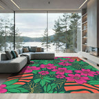 Vibrant Pink Floral Green Foliage Rug