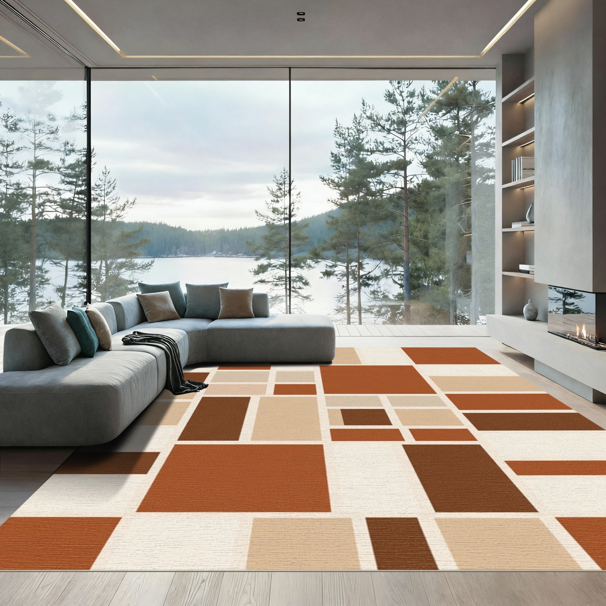 Terracotta Brown Cream Geometric Rectangles Rug