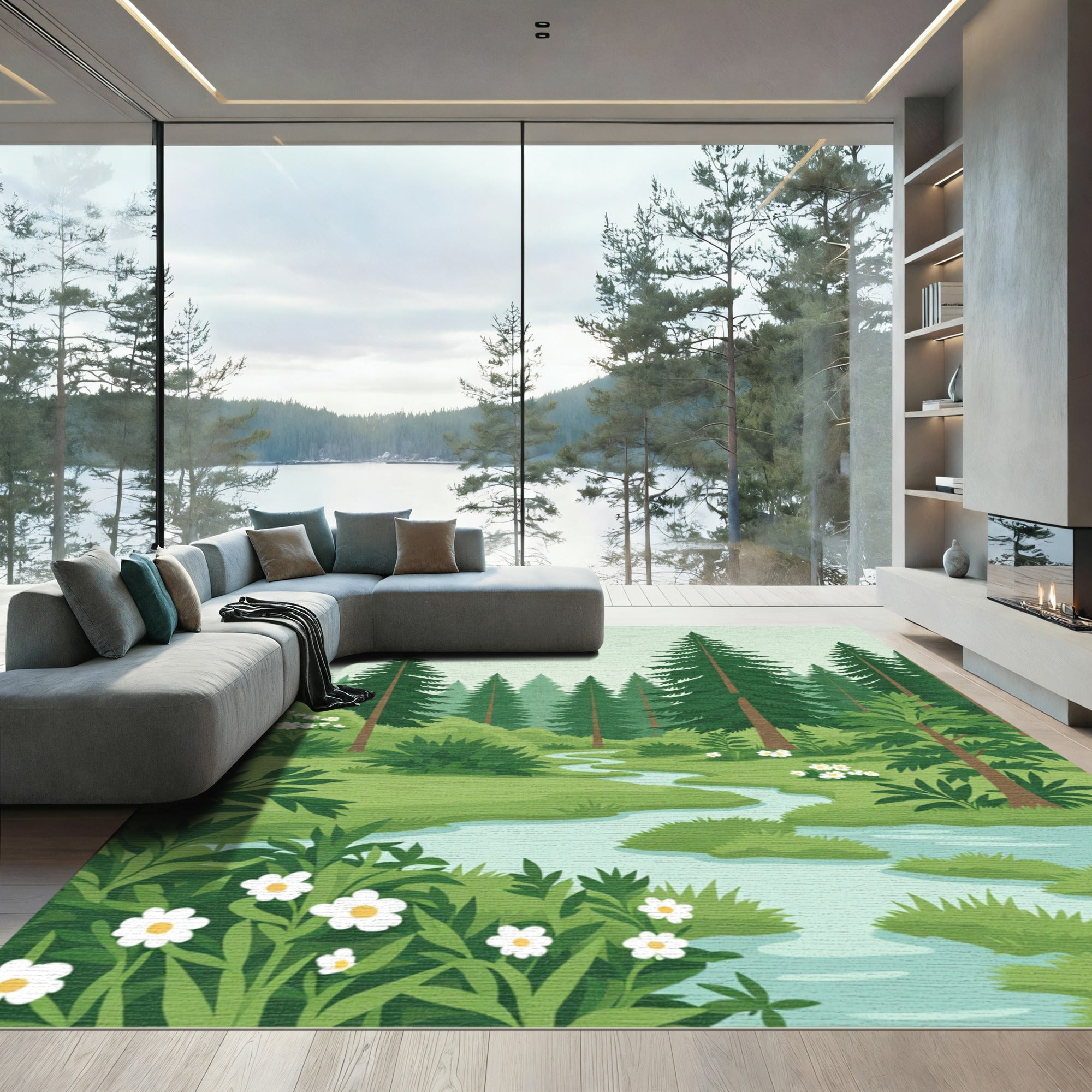 Serene Forest Stream With White Flowers Rug