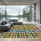 Abstract Checked Blue Yellow Stripe Rug
