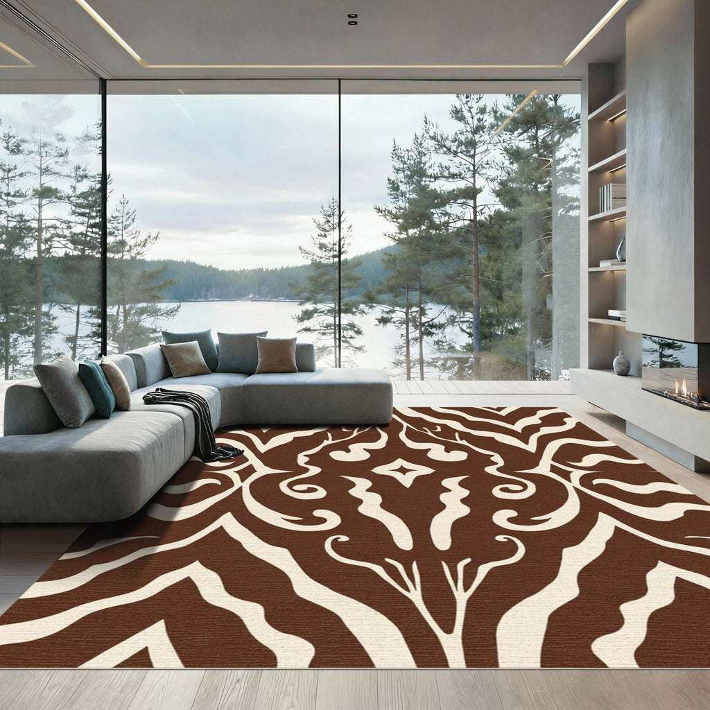 Brown Abstract Swirl Damask Rug