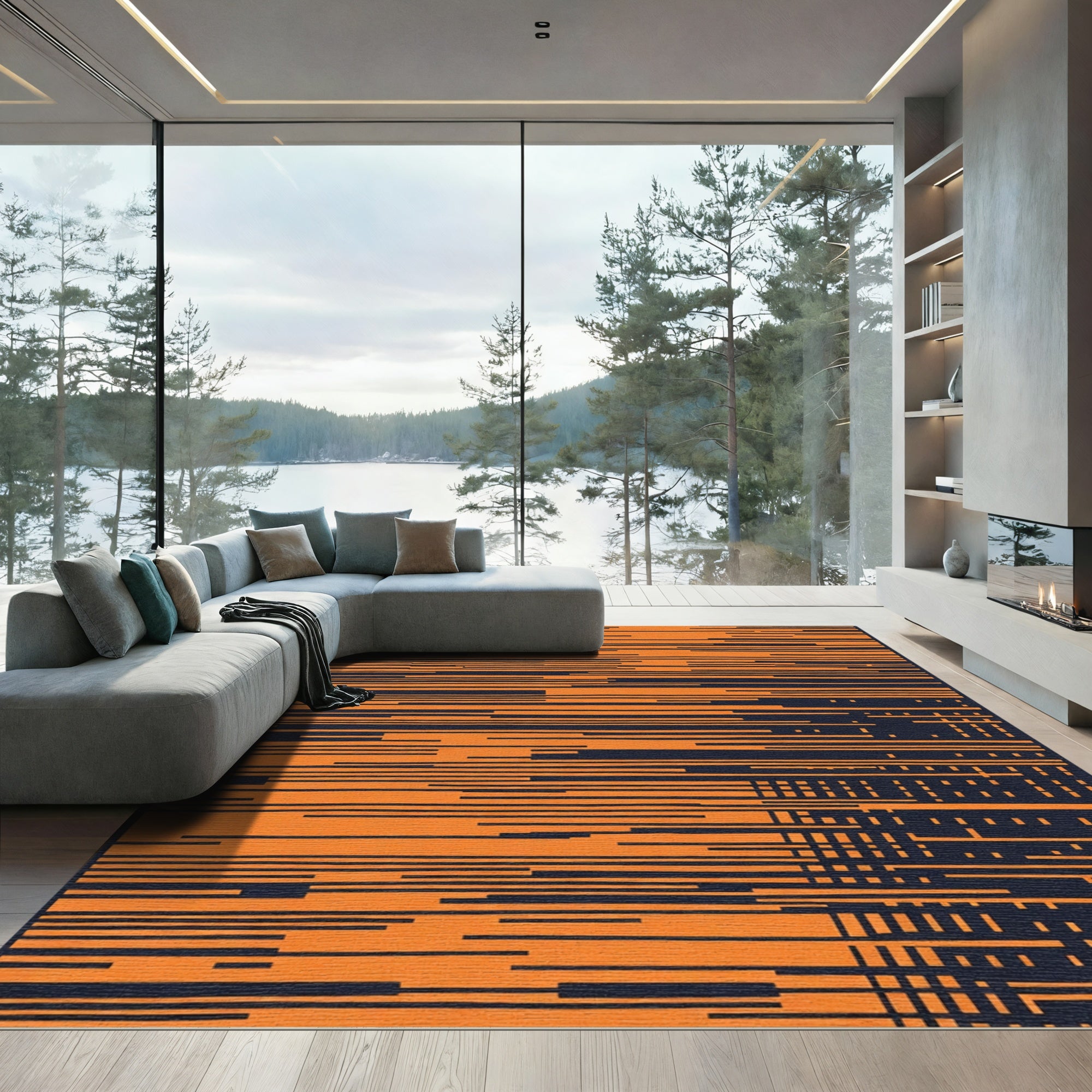 Orange Navy Horizontal Lines Rug