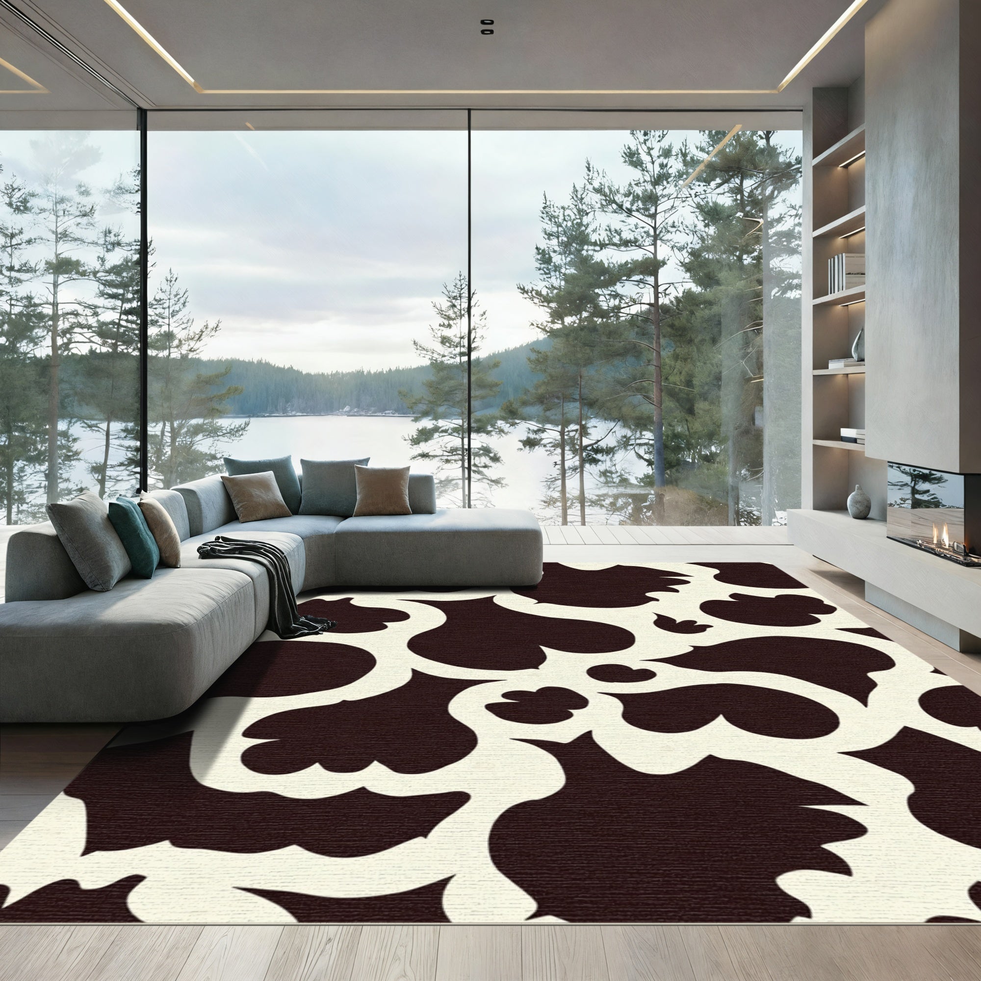 Dark Brown Spots Cream Abstract Rug