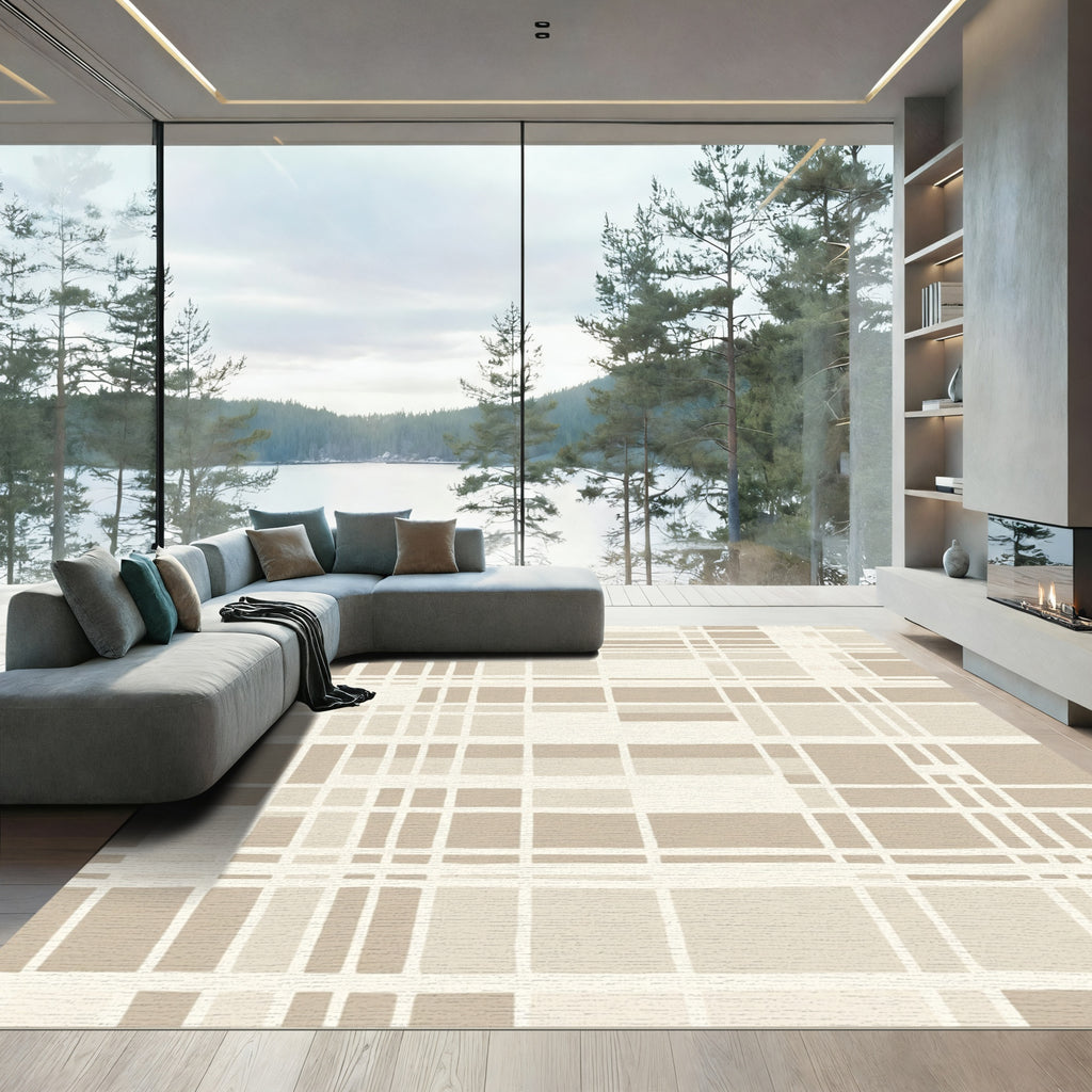 Beige Abstract Geometric Grid Rug