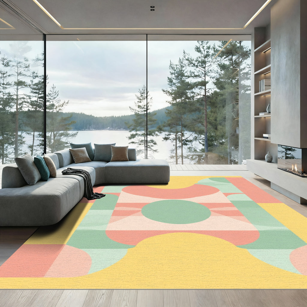 Pale Yellow Coral Mint Geometric Shapes Rug