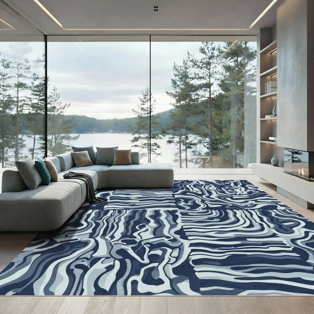 Indigo Abstract Swirl Lines Rug