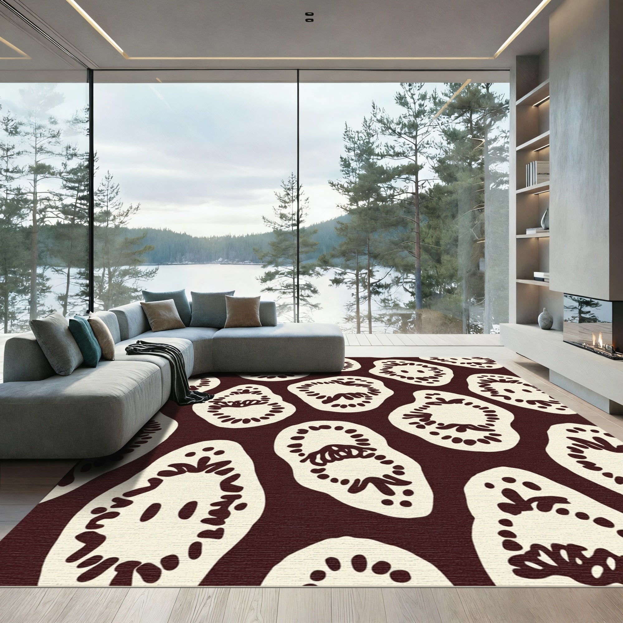 Cream Brown Abstract Organic Shape Rug