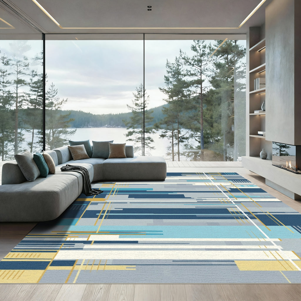 Modern Blue Gold Geometric Stripe Rug