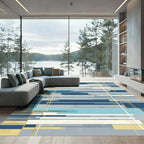 Modern Blue Gold Geometric Stripe Rug