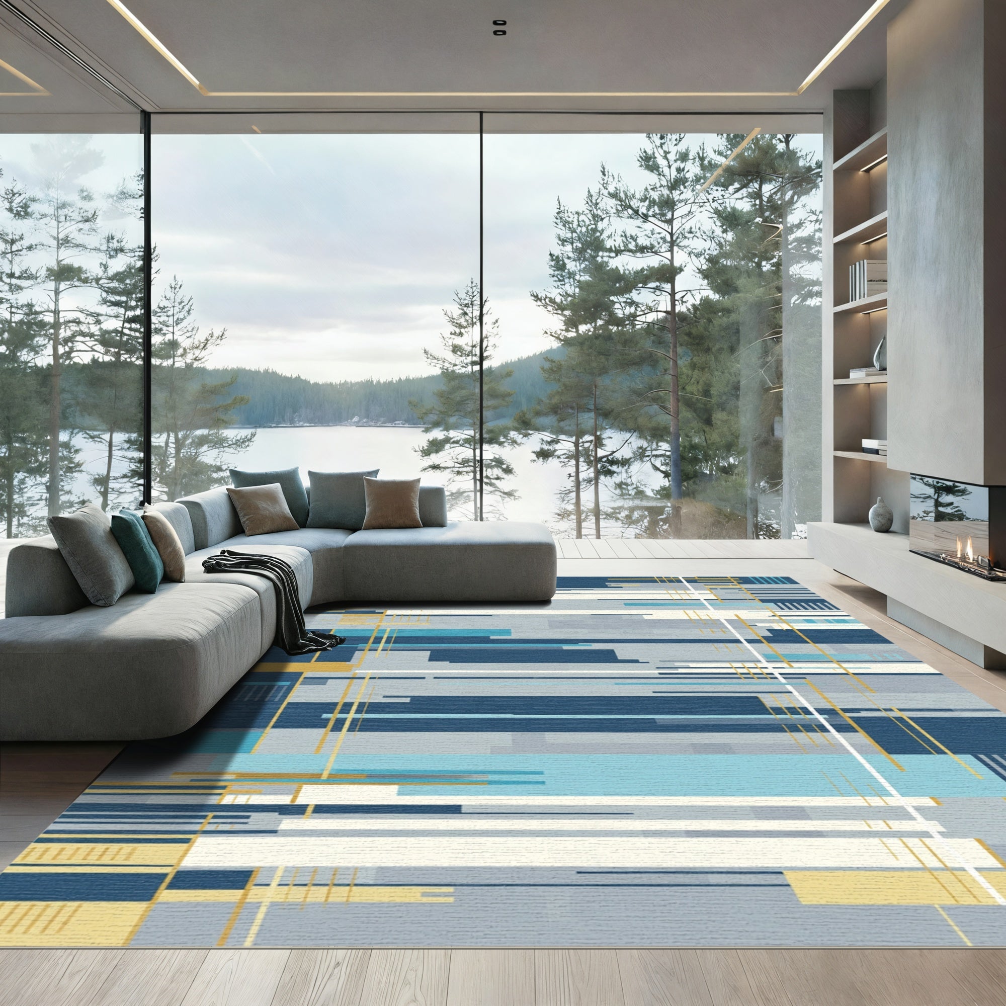 Modern Blue Gold Geometric Stripe Rug